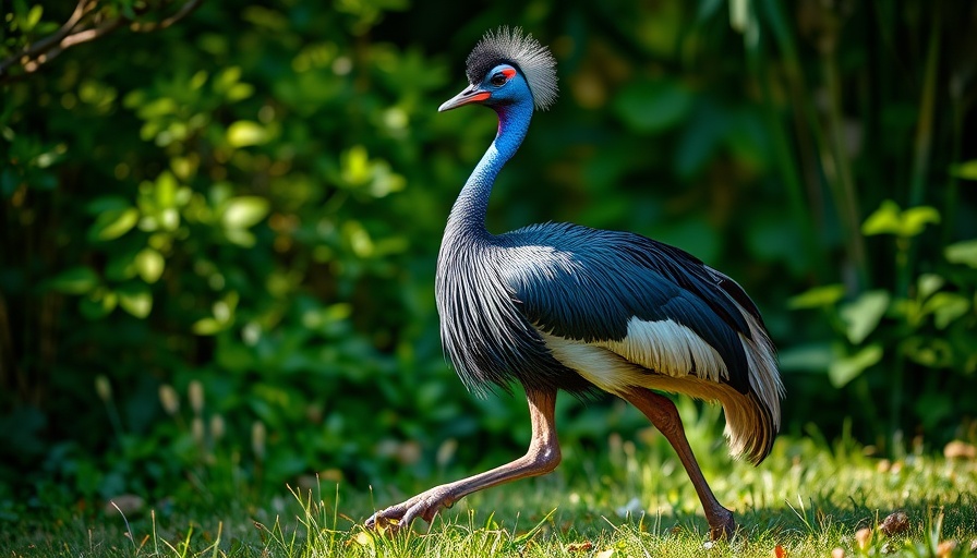 Graceful cassowary in lush Florida landscape.