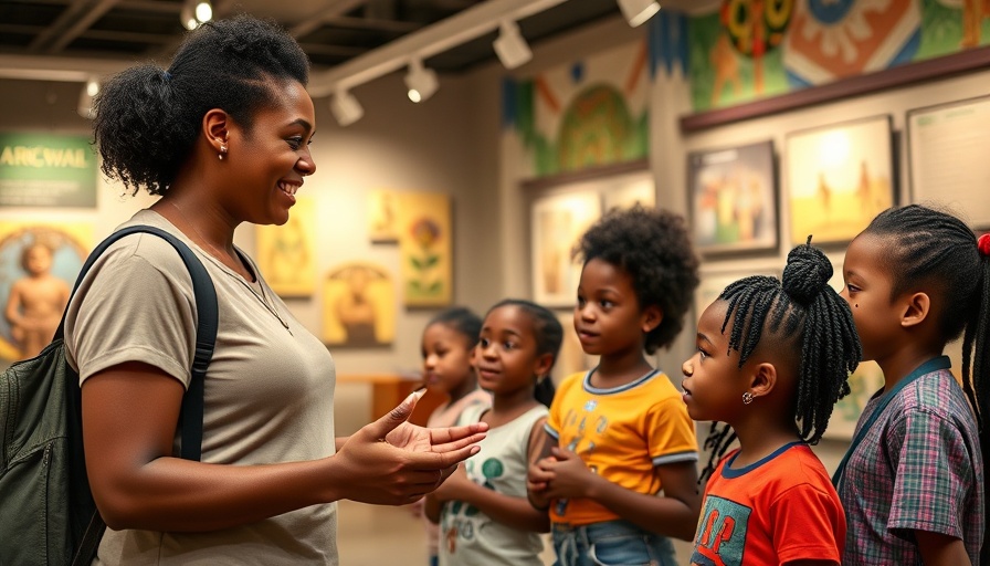 Enthusiastic educator engaging children at Caribbean museum, vibrant display.