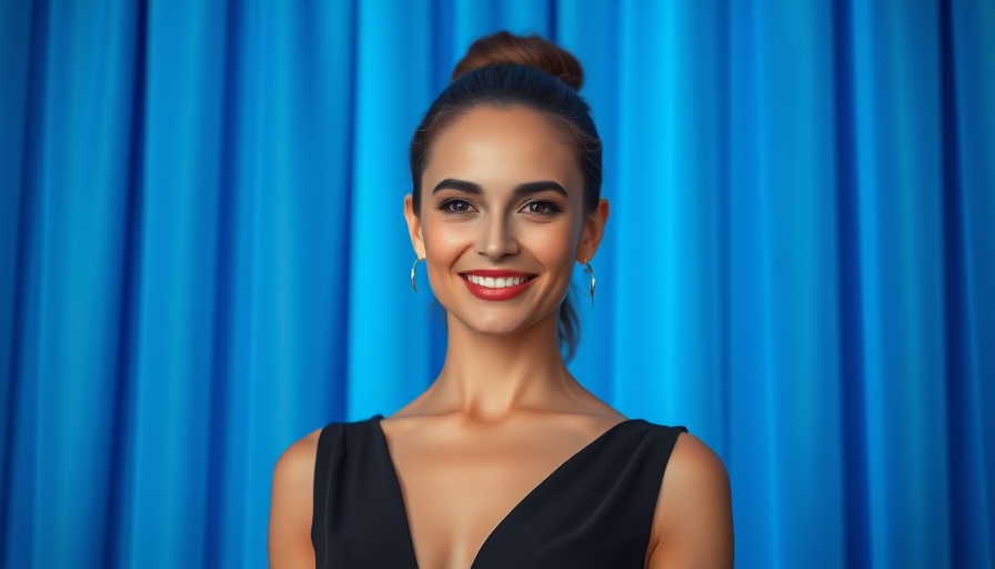 Elegant woman smiling in a black dress, vibrant blue backdrop.