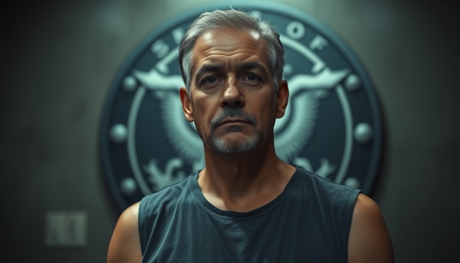 Serious man in sleeveless shirt standing indoors with a blurred emblem background.