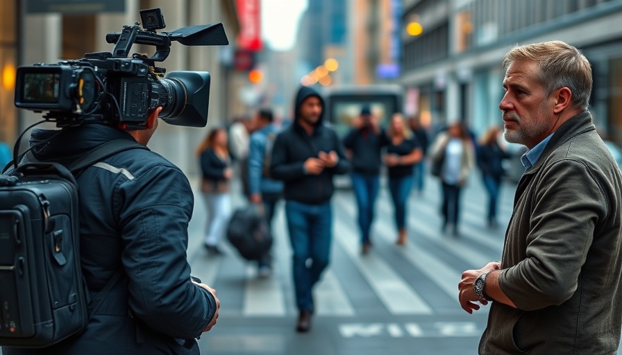 Film crew chatting with an actor on an urban street film set, Entertainment News.