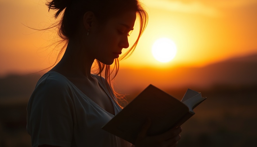 Silhouette of woman reading against sunset, affirmations for subconscious mind.