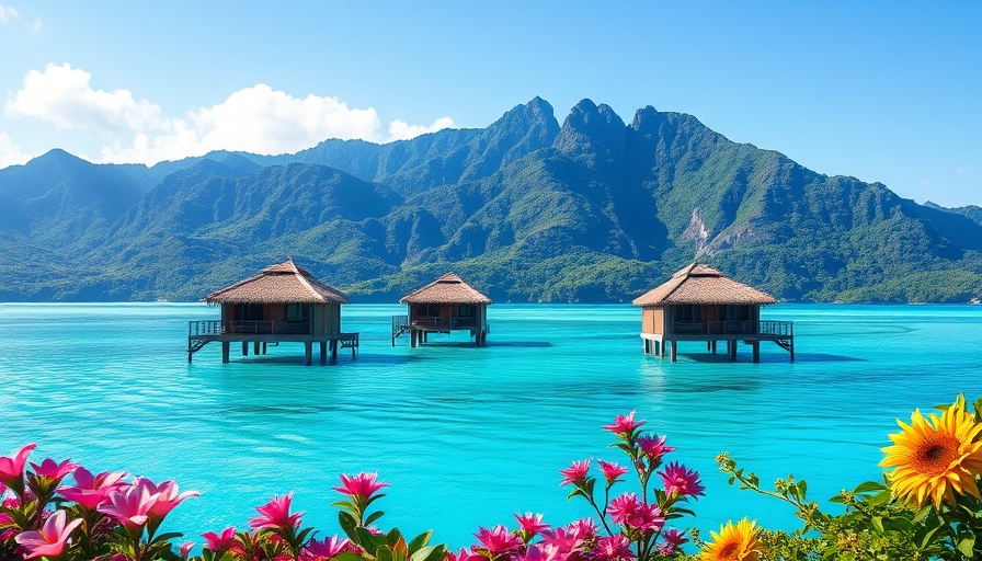 Beautiful landscapes of New Caledonia with bungalows over turquoise water.