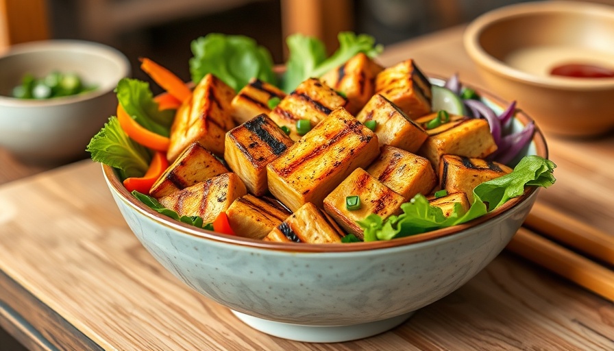 Bowl of grilled tofu and fresh vegetables, high-protein foods.