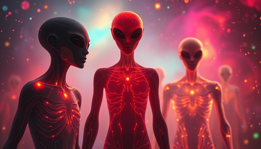 Mystical alien observing human transformation, vibrant cosmic scene.