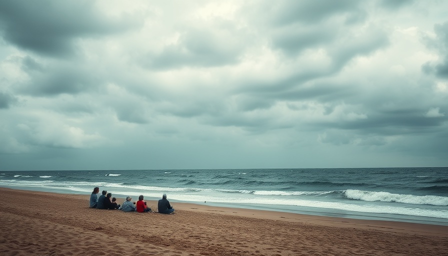 Overcast beach in Florida with people, before lightning strike.