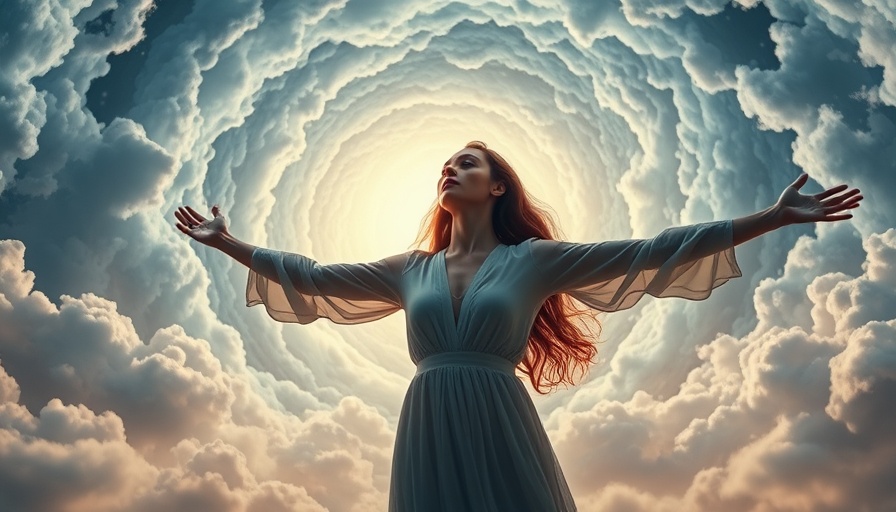 A woman summoning energy in a luminous vortex to manifest money out of thin air.