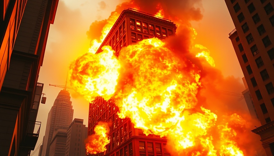Irresistible Cost of War captured in intense explosion engulfing building.
