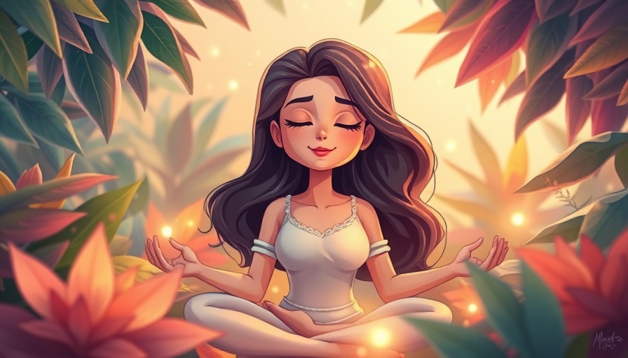 Cartoon woman meditating in a peaceful garden setting, guided meditation