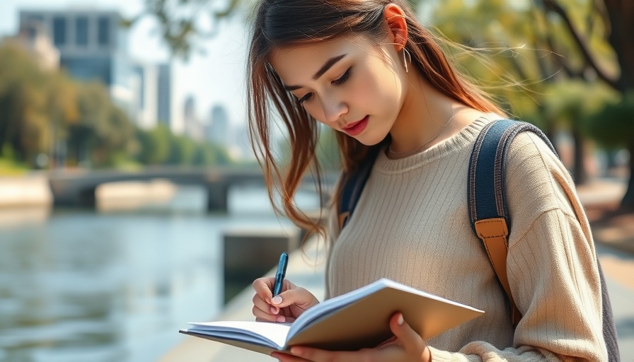 Young woman scripting for summer by a river, serene setting.