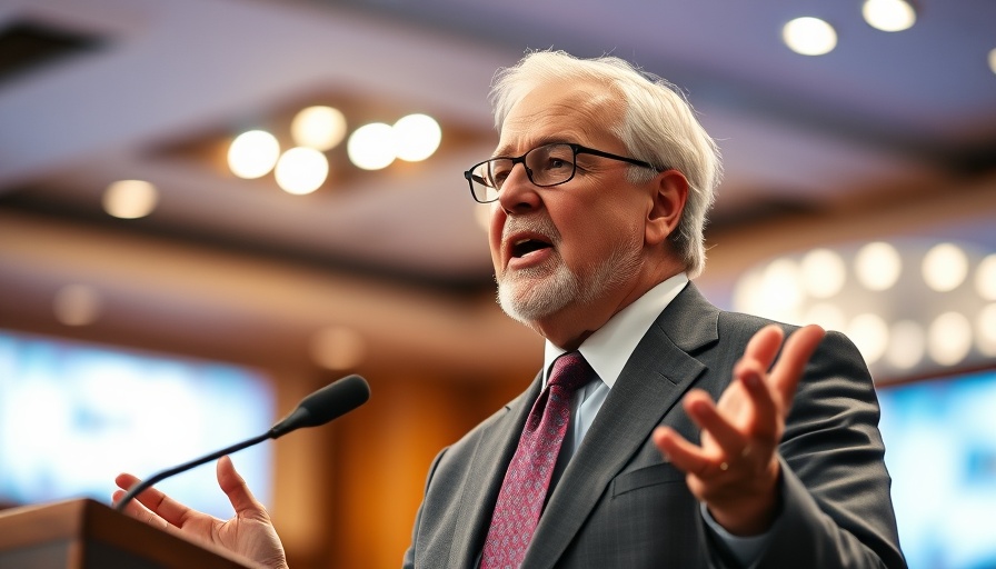 Elderly man delivering a motivational speech in a conference setting.