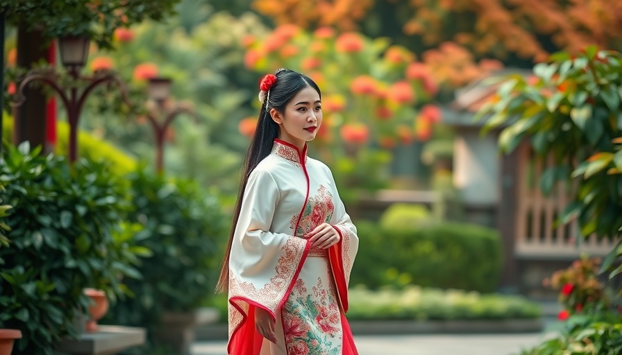 Elegant woman in traditional attire enjoying a tranquil garden morning.
