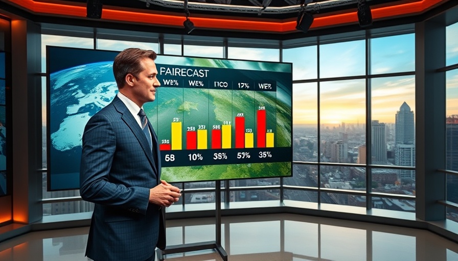 Meteorologist presenting South Florida weather forecast with weekly rainfall chart.