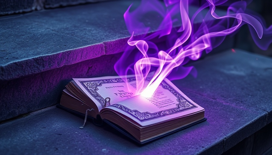 Mystical book emitting energy on stone steps in a cinematic scene.