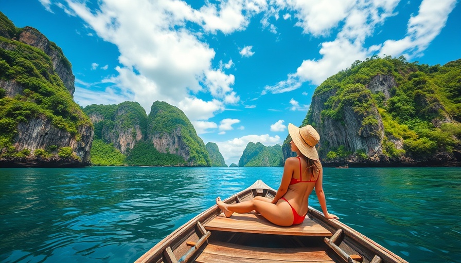 Travel Destinations: Woman on boat in stunning tropical Phuket landscape.