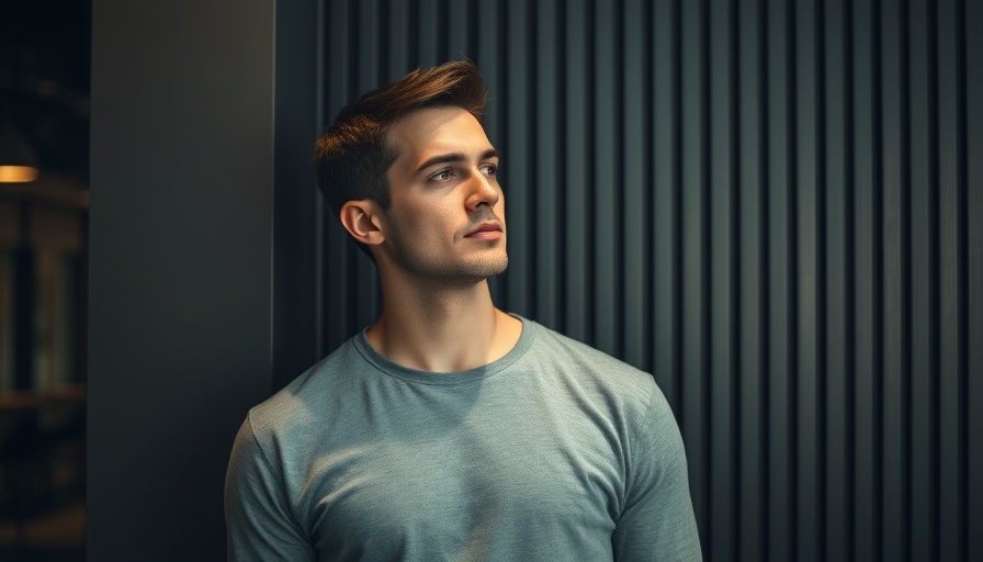 Man stands thoughtfully against a striped wall, symbolizing overcoming anxiety.