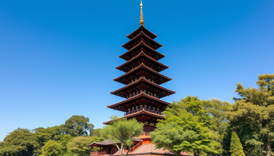 Ancient pagoda tower amidst greenery, symbolizing tranquility.