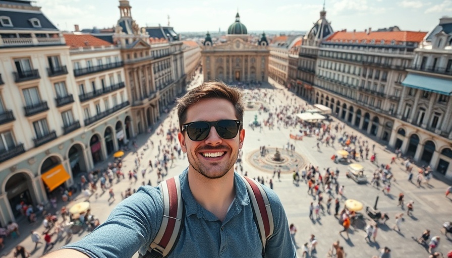 Cheerful tourist enjoying RV travel in Madrid cityscape.