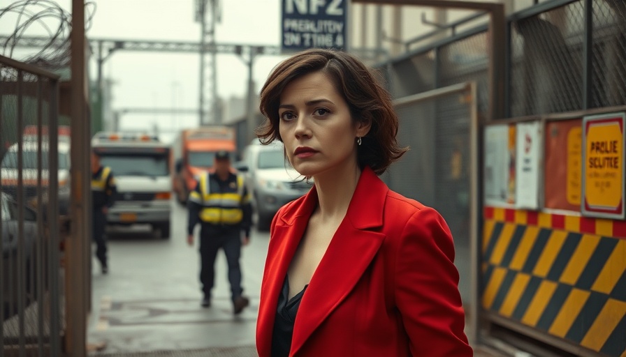 Woman in red blazer faces oversight challenges at security gate.