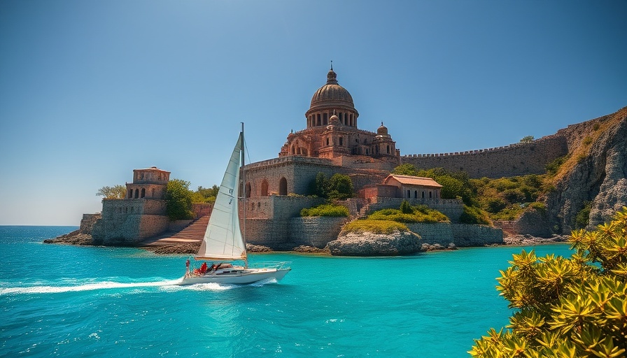 Corfu Travel Inspiration: Temple and sailboat on turquoise sea.