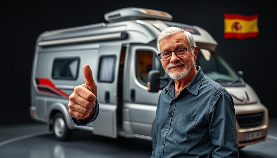 RV Travel Adventures in Spain; man gesturing at campervan over map.