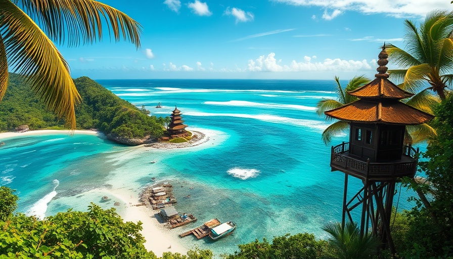 4K Aerial Footage of Indonesian beach with pagoda and treehouse.