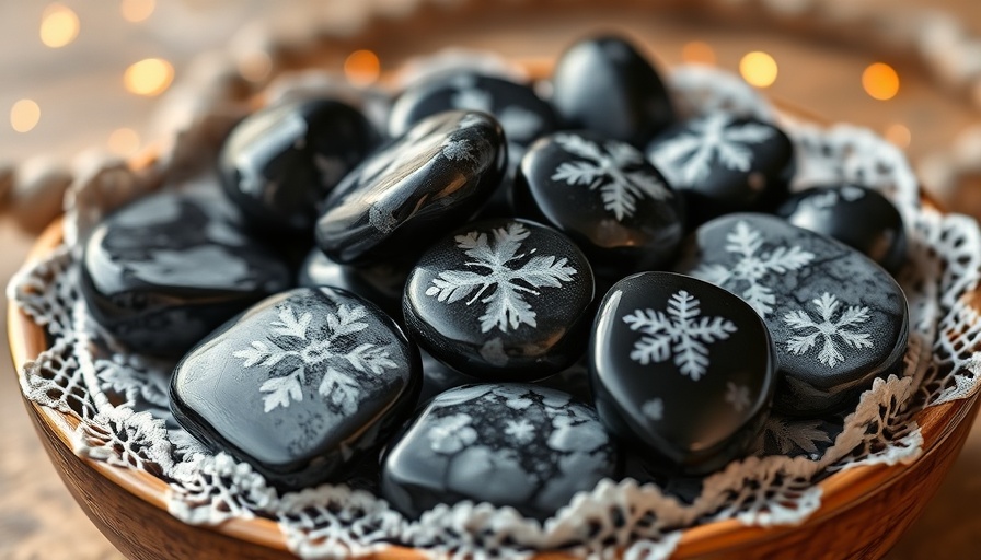 Polished snowflake obsidian stones in a lace-trimmed wooden bowl.