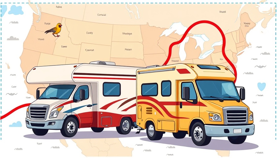 Illustrated map showing RV travel journey across the west with vehicles