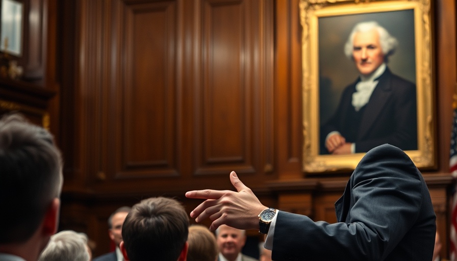 Speaker addressing audience in front of historical portrait.