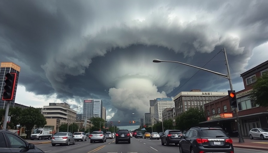 Tornado-like cloud over Atlanta street with traffic, dramatic sky.