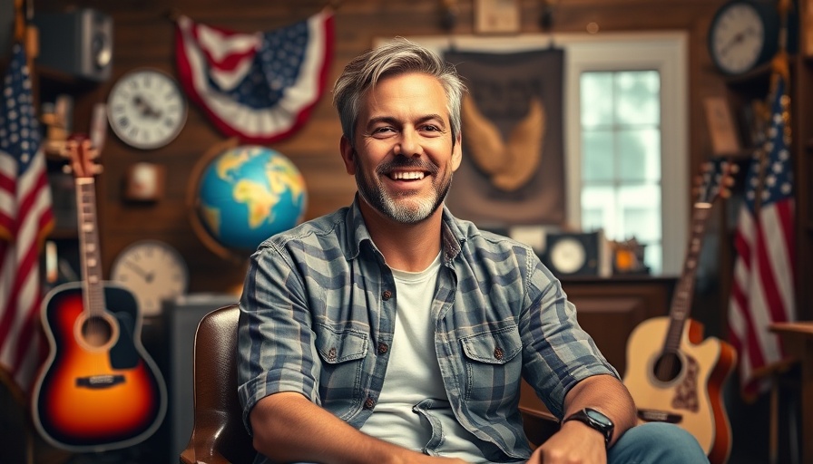 Smiling man in music-themed room with guitars and flags, RV Travel