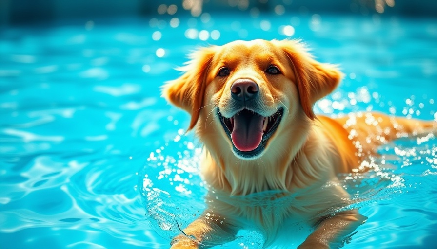 Happy golden retriever swimming in a pool, summer pet safety tips.