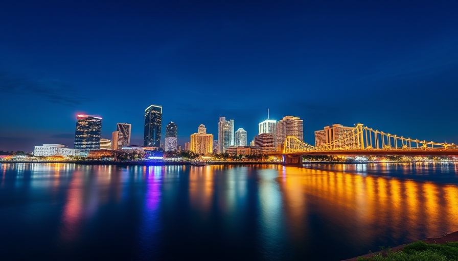 Evening view of Florida city skyline with lit bridge over river