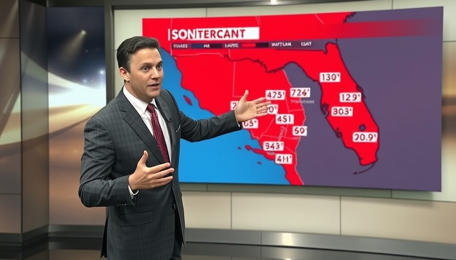 Weather presenter in studio with South Florida temperature map, discussing highs.