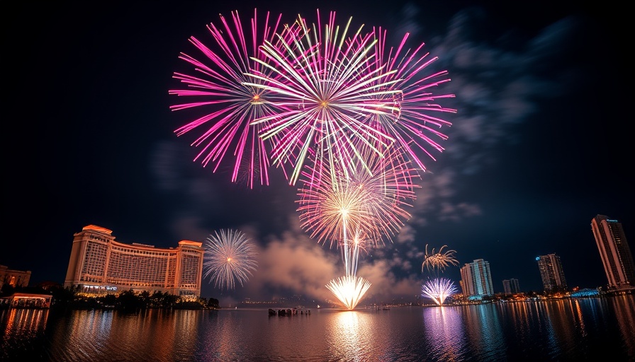 Lake Eola fireworks celebration at night with cityscape backdrop.