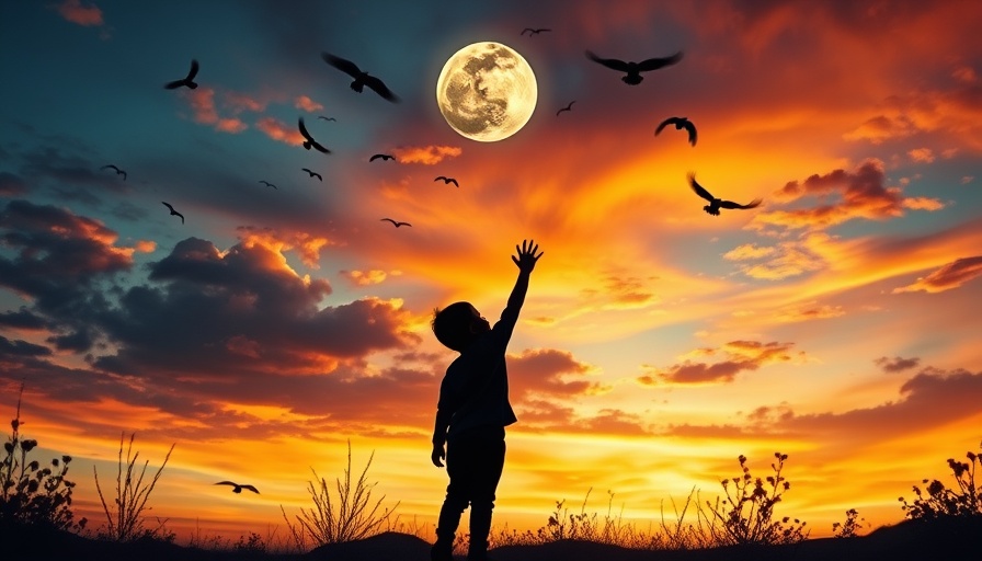 Full Moon in Capricorn scene with child and birds at dusk.