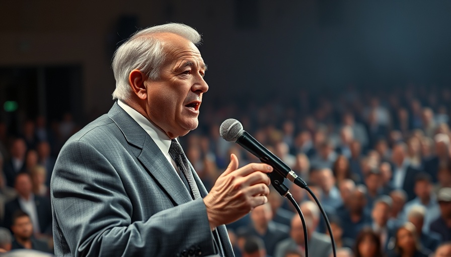 Man in grey suit speaking at an event with audience