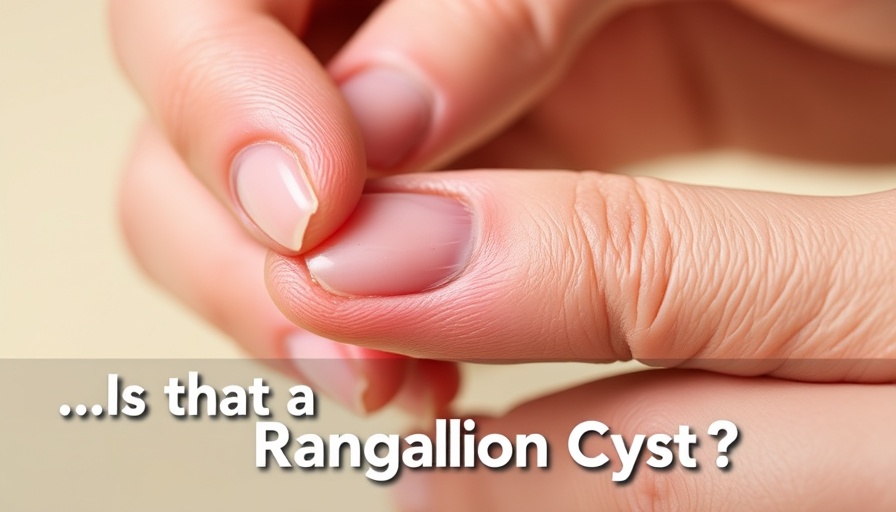 Hands examining potential ganglion cyst with medical advice text overlay.