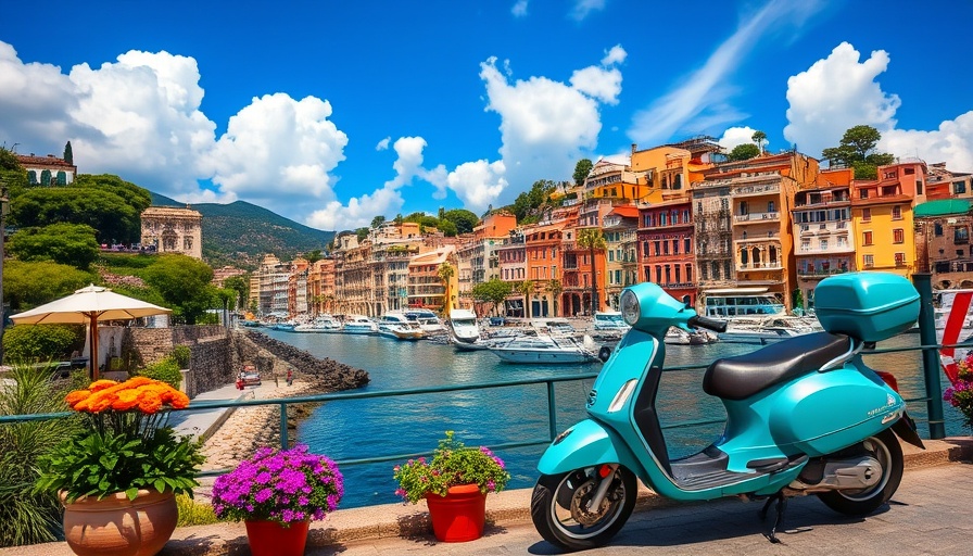 Virtual travel to Naples: vibrant coastal view with colorful buildings and scooter.