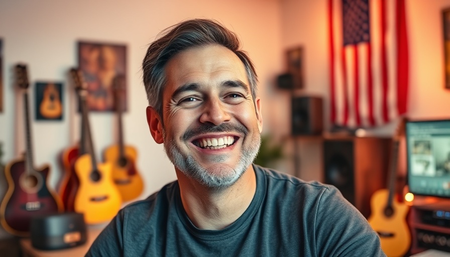 Man hosting RV travel streaming in vibrant home studio.