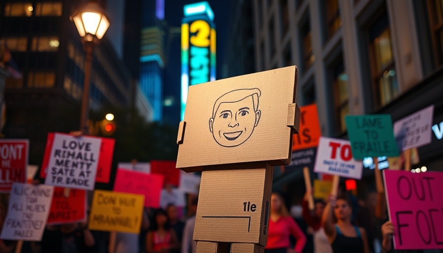 Cardboard cutout protest in Brazil against tariffs, colorful banners at night.
