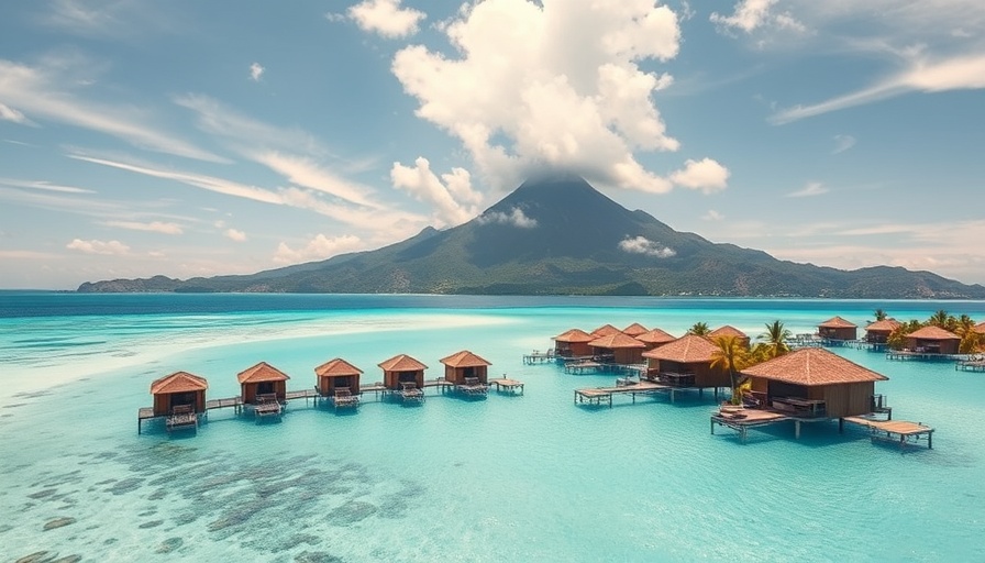 Scenic Views of tropical paradise with overwater bungalows.
