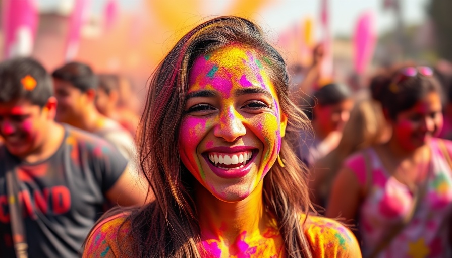 Joyful woman at the Holi Festival, vibrant colors, Adventures at the Holi Festival.