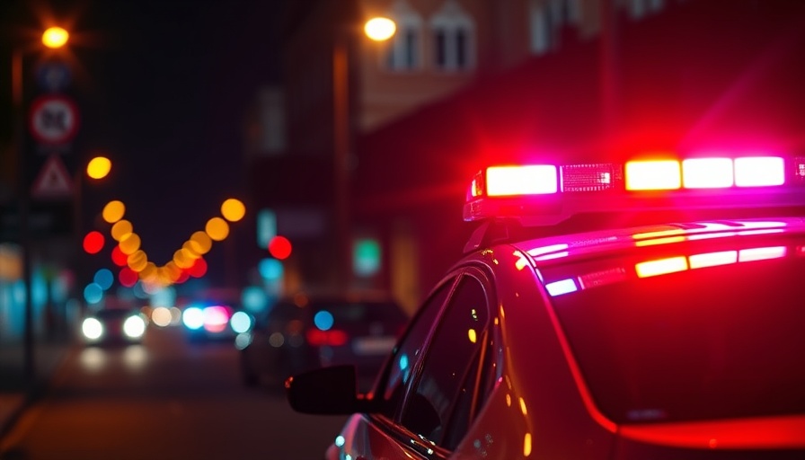 Police car lights flashing at night in urban setting.