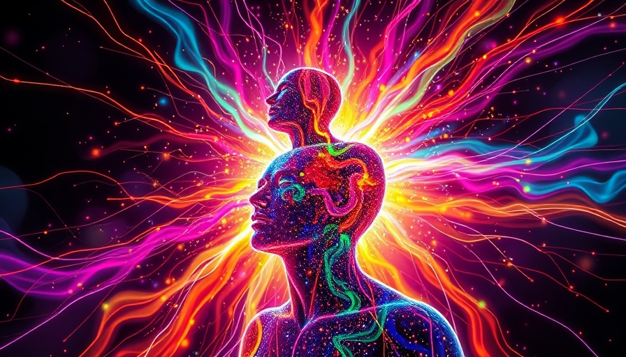 Vibrant digital human silhouette manifesting energy with cosmic background.