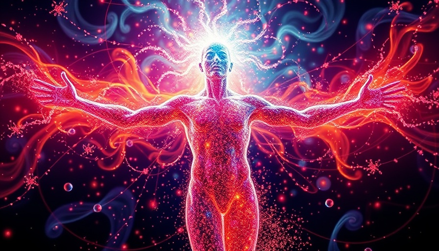 Abstract human form manifesting energy in a colorful cosmic style.