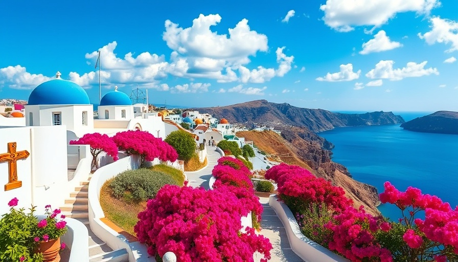 Scenic Views of Santorini with vibrant bougainvillea and blue-domed churches.