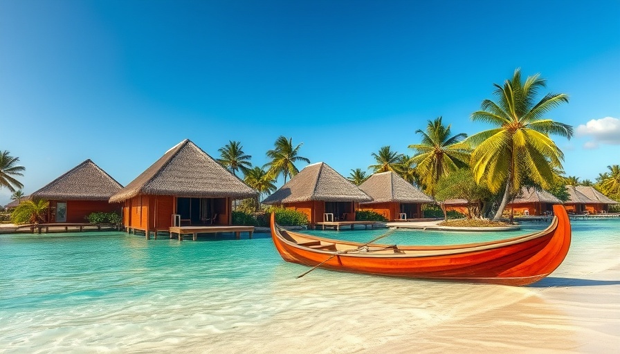 Virtual Travel Roatan Honduras: Tropical beach with bungalows and palm tree.