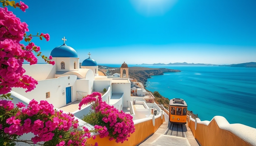 Scenic Views of Santorini with colorful buildings and sea.