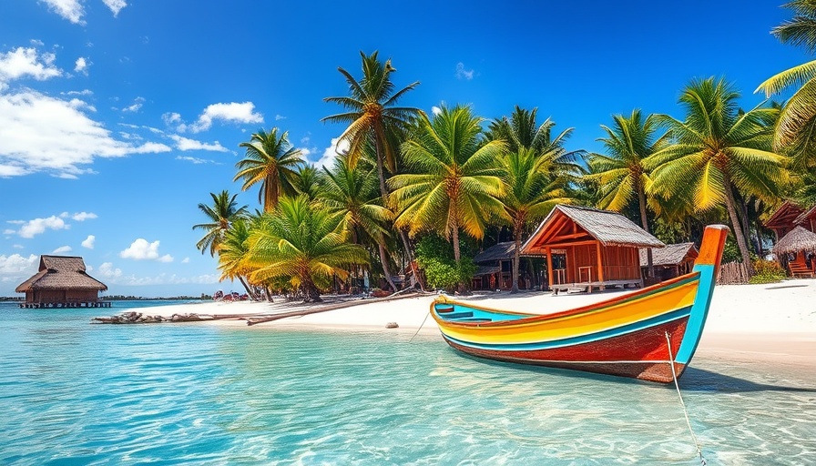 Scenic views of a tropical beach with huts and a boat